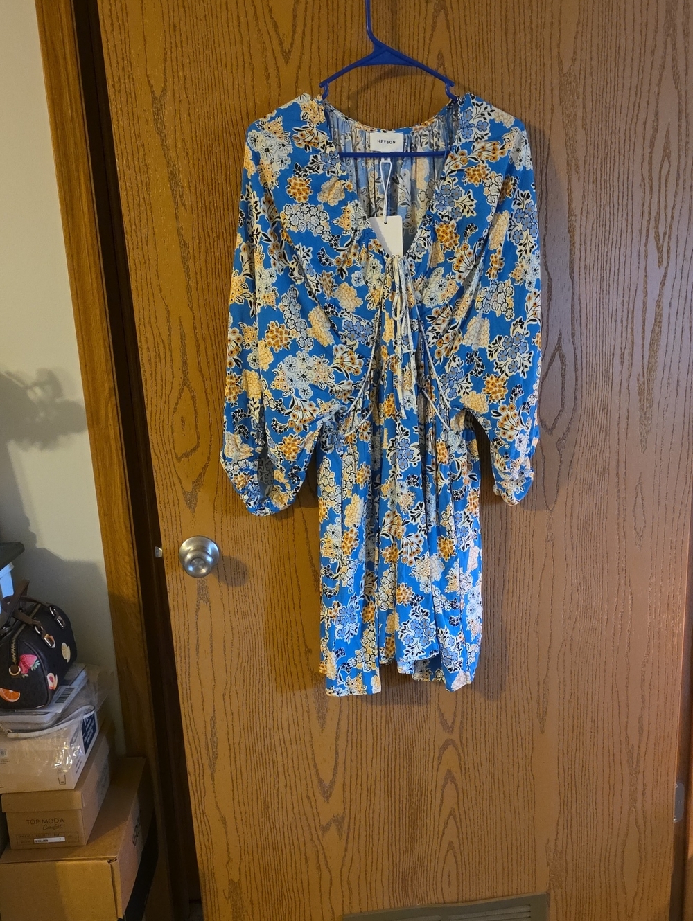 Heyson Blue Floral Tie-Front Women's Dress Ptp 17, L 36 W 12 To 20 Elastic Back⁸